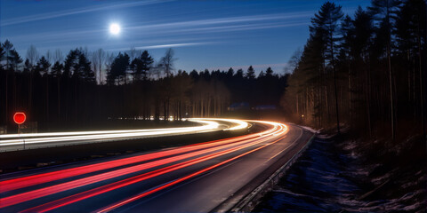 Wall Mural - Light trails on a winding road at night with a full moon in the blue sky and dark trees on both sides