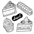 Desserts and bakery products set. Eclair, cheesecake, cupcake silhouette drawing. Chocolate, oatmeal, black on white line art