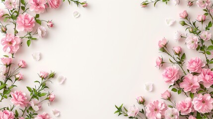 Wall Mural - Elegant Pink Floral Frame with Blooming Roses and Lush Foliage on White Background with Copy Space