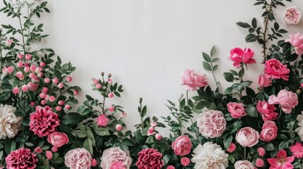 Wall Mural - Lush floral border with pink and crimson roses against a white backdrop, suitable for wedding stationery, elegant banners, and springtime design projects