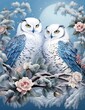 Fantasy illustration of a snowy wintry owl couple, with floral edges, white and light-blue colors