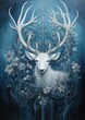 Fantasy painting of a luxury white stag, matt azure blue grunge background