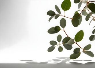 Wall Mural - A green plant branch with multiple leaves casting a shadow on a white background