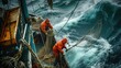 A rugged fishing boat cuts through turbulent ocean waves under a dramatic overcast sky, showcasing the resilience of maritime workers. AIG41