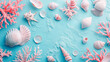 Collection of beautiful seashells and corals of pink and white colors scattered on a pastel blue background (top view), copy space for your text