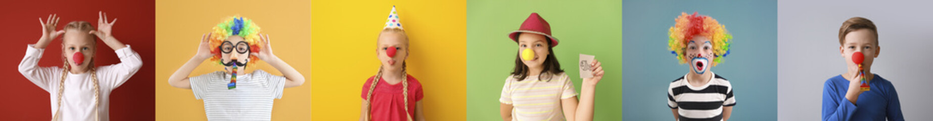 Wall Mural - Collage of funny children in disguise on color background. April Fools' Day