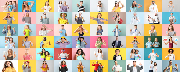 Sticker - Big collage of happy people showing thumb-up and OK gestures on colorful background