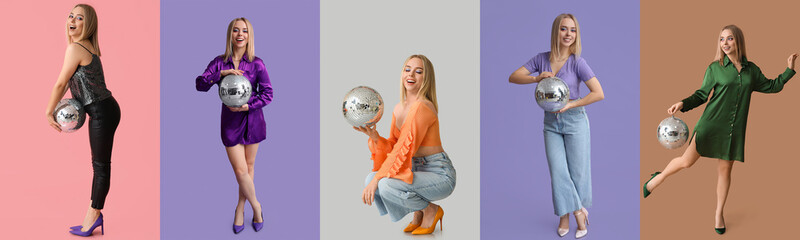 Canvas Print - Collage of stylish blonde woman in different clothes and with disco ball on color background