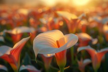 A Field Of White And Orange Flowers With A Single White Flower In The Foreground