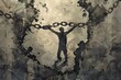 A surreal illustration of a person with outstretched arms, breaking through chains and barriers, symbolizing the triumph of freedom over oppression