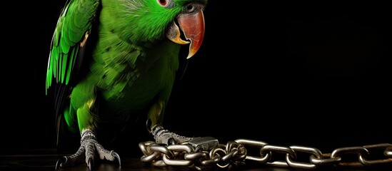 Canvas Print - Vibrant Green Parrot Perched Magnificently on Rusty Chain Links with Lush Tree Background