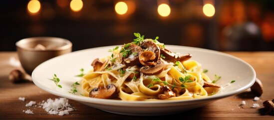 Wall Mural - Savor a Delicious Pasta Dish Infused with Earthy Mushrooms and Parmesan Cheese