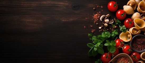 Wall Mural - Freshly Cooked Pasta and Colorful Vegetables Arranged on Wooden Plank