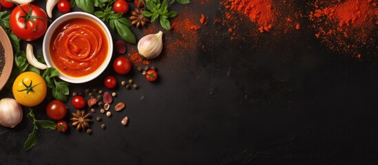 Wall Mural - Vibrant Bowl of Tomato Sauce Surrounded by Fresh and Colorful Vegetables