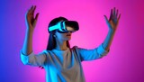 Fototapeta Perspektywa 3d - Young woman wearing virtual reality glasses on futuristic minimal neon background. Augmented virtual reality created with generative ai	