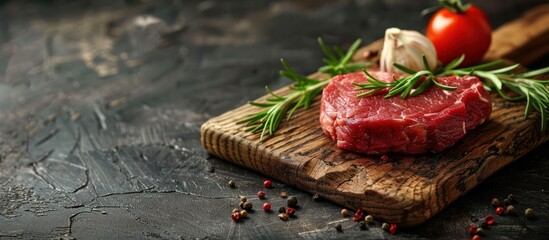 Wall Mural - A piece of steak rests on a wooden cutting board surrounded by fresh tomatoes and herbs.