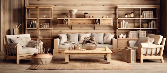 Wall Mural - Warm and Cozy Living Room with Wooden Wall and Floor