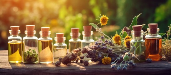 Serene Aromatherapy Experience: Various Flowers and Essential Oil Bottles Displayed on a Rustic Wooden Table