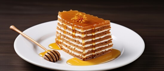 Sticker - Delicious Dessert Delight: Tempting Cake Slice with Drizzled Honey on Elegant Plate