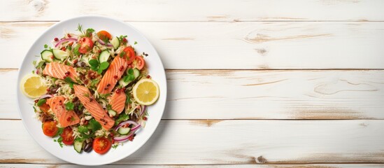 Canvas Print - Vibrant Salmon Salad Delight with Fresh Lemons, Cherry Tomatoes, and Garden Greens