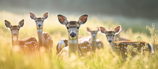 Canvas Print - Majestic Group of Diverse Deers Grazing Together in a Lush Forest Clearing