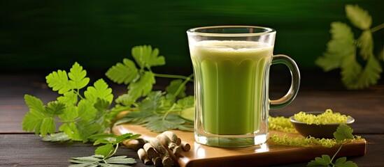 Poster - Refreshing Glass of Green Juice with Fresh Organic Leaves and a Silver Spoon