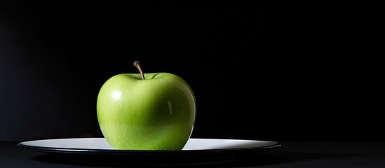 Canvas Print - Vibrant Green Apple Resting on a Sleek Plate Against a Dark Background