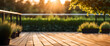 Hintergrund Holz Fläche für Produkte Terasse Vorlage Untergrund mit Stein und Pflanzen grün mit Sonne Strahlen Schein Licht Reflektion ruhig sommerlich sommer umwelt- garten- park Landschaft