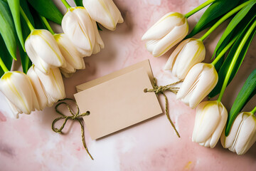 Wall Mural - Bouquet of white tulips with empty white greeting card. Gift for Valentine's, Women's and Mother's day. Postcard or banner with copy space. Place for text or design