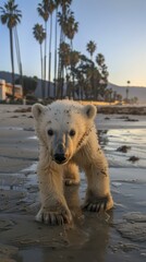 Wall Mural - A polar bear walking on a beach with palm trees in the background. Generative AI.