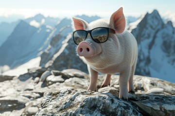 Canvas Print - A pig wearing sunglasses on top of a mountain. Generative AI.