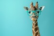 portrait of a giraffe wearing turquoise blue glasses on a pastel turquoise background. empty space for text. Africa. Banner.