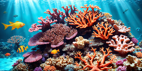 Wall Mural - Illustration of underwater world with colorful corals, tropical fish and sunlight streaming through the sea water. Beauty of the coral reef