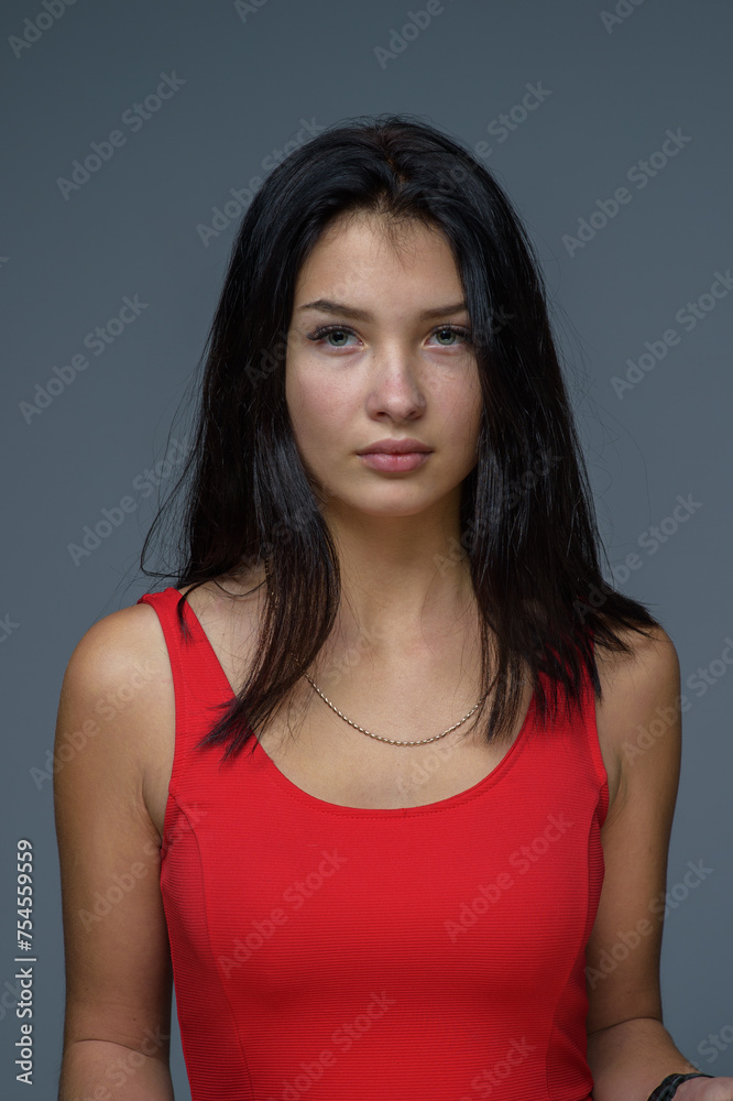 studio portrait of a young girl in a red dress 2 Stock Photo | Adobe Stock