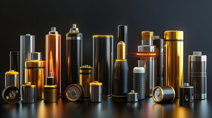 A diverse group of batteries is displayed, highlighting the range of sizes and types available for various applications.