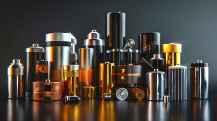 A diverse group of batteries is displayed, highlighting the range of sizes and types available for various applications.