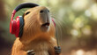 Funny cute capybara wearing red headphones and singing a song, copy space on the right