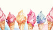 summer creamy cold ice creams , vanilla , chocolate, strawberry, cones flavour, watercolor art,  with space for text , cards , summer greetings	

