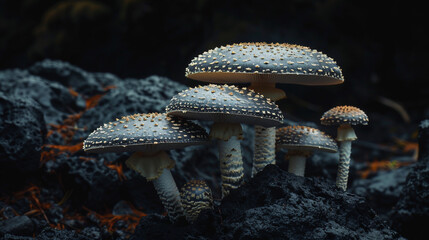 a specific type of mushroom with pronounced colors, on a black background