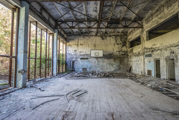 Sticker - Basketball court in building of Azure Swimming Pool in Pripyat ghost city in Chernobyl Exclusion Zone, Ukraine