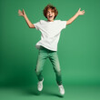 Full body portrait of happy excited young funny, white jeans and sneakers having fun 