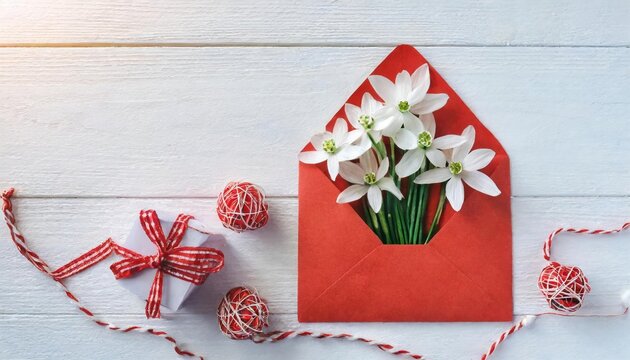 Envelope with spring flowers snowdrops and red and white martinets, tassel cord, a symbol of the Martisor holiday, Baba Marta on a white wooden background. Greeting card.