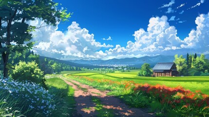 a beautiful japanese landscape view in anime cartoonish artstyle. a village with hill with mountains and fields. wallpaper background 16:9