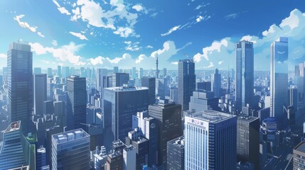 a beautiful view on tokyo japanese skyline city with scyscraper office buildings. anime cartoonish a