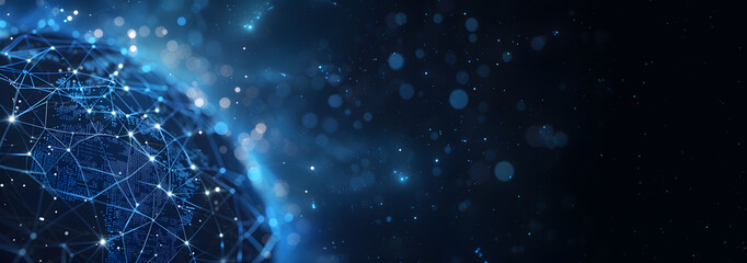 Wall Mural - abstract digital background with blue glowing global network and connection, planet earth globe on d
