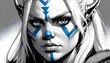 Black and white viking girl model cosplay close-up portrait, black and white, blue eyes, blue paint war signs on the face