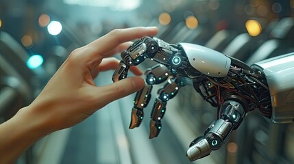 the human finger delicately touches the finger of a robot s metallic finger concept of harmonious coexistence of humans and ai technology 