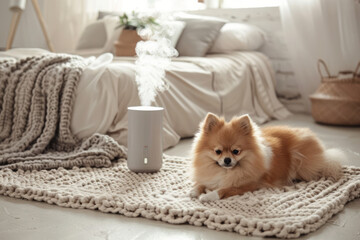 Adorable Pomeranian Puppy Lying Beside Modern Smart Home Device