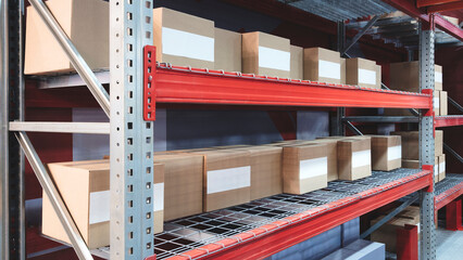 Fototapete - Corrugated boxes on racks in a modern distribution center or warehouse