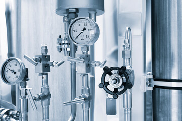 Poster - Stainless steel pipes in food or pharmaceutical or chemical industrial factory, industrial concept background